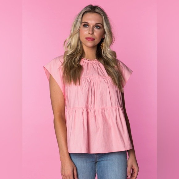 CROSBY by Mollie Burch Becky Pink Cap Sleeve Blouse with Bib Collar - Picture 1 of 6